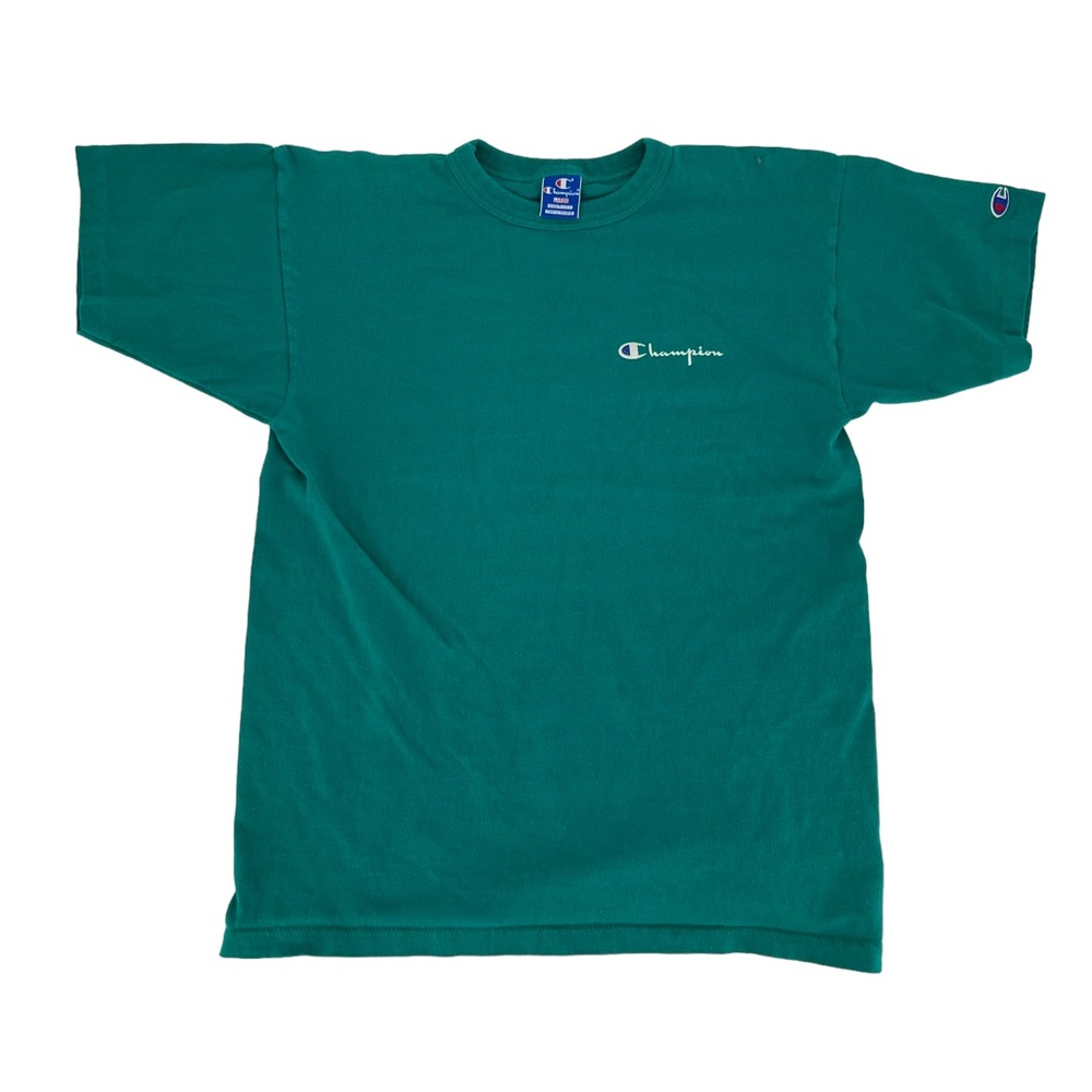 Vintage Champion Shirt Men Large Teal Green Short Sleeve 1980s USA Logo Spellout